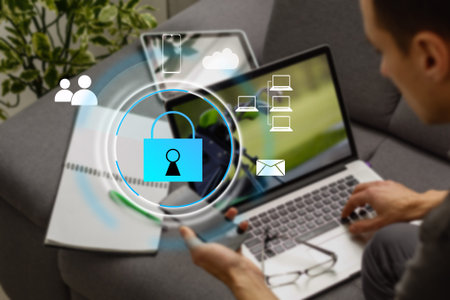 Developing network security system. Internet data security concept. Businessman using laptop.