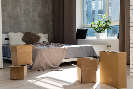 Moving boxes in new house. Real estate concept.の写真素材