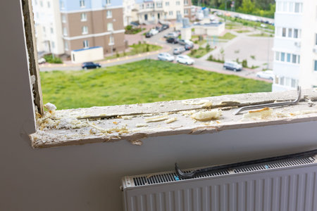 Empty frame on a wide panoramic window. Gorgeous view from the window of an apartment in a...
