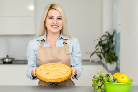 Smiling woman cook holds apple pie.