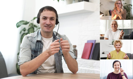 Many portraits faces of diverse young and aged people webcam view, while engaged in videoconference...