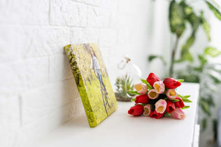 Canvas print with flowers. Stretched canvas on frame. Summer landscape photography. Photo printed on canvasの写真素材
