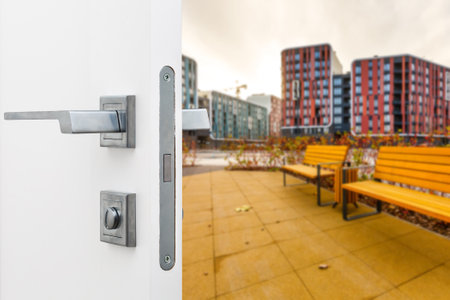 open doors and colorful residential complexの写真素材