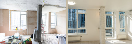 home renovation, empty room before and after refurbishment or restorationの写真素材