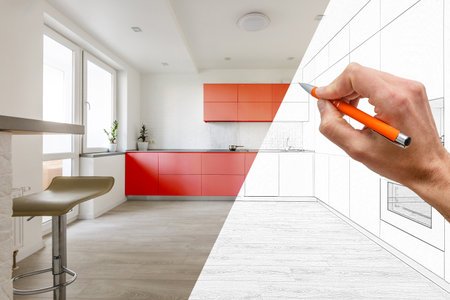 Drawing and planned Modern open kitchen in renovated house. High quality photoの写真素材
