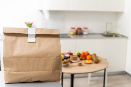 daily meals and snacks. Diet nutrition and brown paper bag package with copy space, Healthy food...