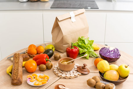 healthy foods are on the table in the kitchen