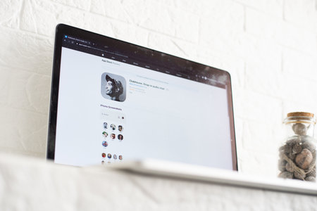 Kyiv, Ukraine - FEBRUARY 22, 2021: Top view Clubhouse app on the smartphone, Clubhouse drop in audio chat application view on the smartphone 2021のeditorial素材