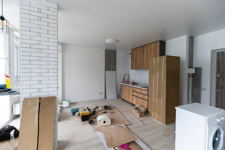 Details new home installing construction building industry interior remodel modern kitchen interior cabinetの写真素材