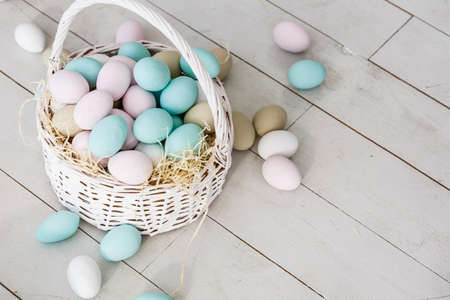 Easter eggs in nest on color wooden backgroundの写真素材