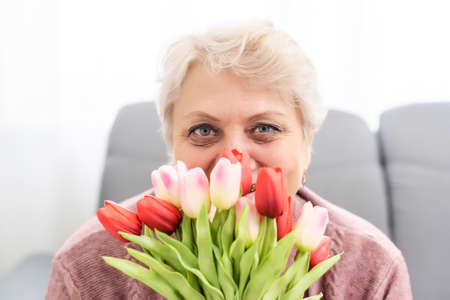 A beautiful old lady smelling a bouquet of tulipsの写真素材