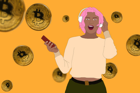 Pop Art Young Business Woman Holding Big Bitcoin Coin. Crypto Currency Network Technology....