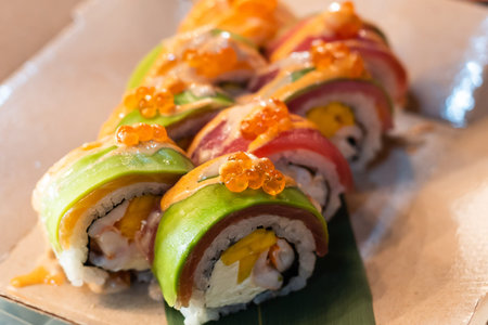 Sushi roll with salmon and shrimp tempura