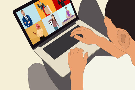 Illustration of people at video conference on laptop.