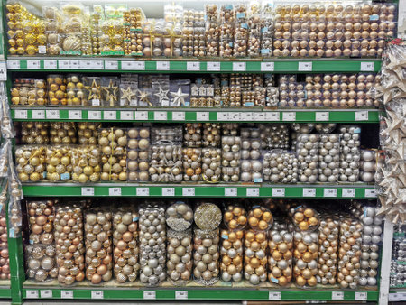 Kyiv, Ukraine - November 1, 2020: Epicenter Shopping for Christmas Holidays, balls and other seasonal art crafted products of modern, vintage and traditional styles in a big supermarketのeditorial素材