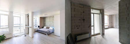 Modern interior design of big living-kitchen studio room, before and afterの写真素材