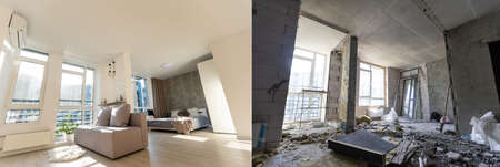 Room with unfinished walls and a room after repair. Before and after renovation in new housing.の写真素材
