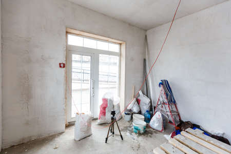 Material for repairs in an apartment is under construction, remodeling, rebuilding and renovation. Making walls from gypsum plasterboard or drywall.の写真素材