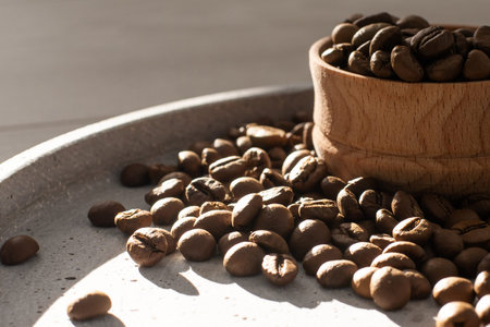 coffee beans on a gray tray