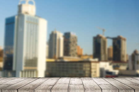 city space of blue color and wooden terrace spaceの写真素材