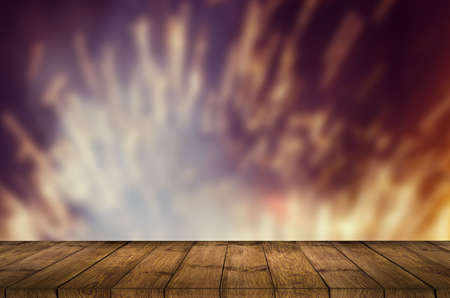 table and sky of fire. wooden table and fireworksの写真素材