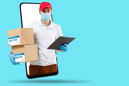 the man delivers the vaccine. Placing VACCINE label on the cardboard box