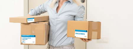a woman in a mask and puffs delivers a box with a vaccine
