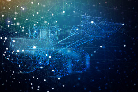 Tractor of the particles. tractor consists of small circles consisting of points, lines, and shapes,...