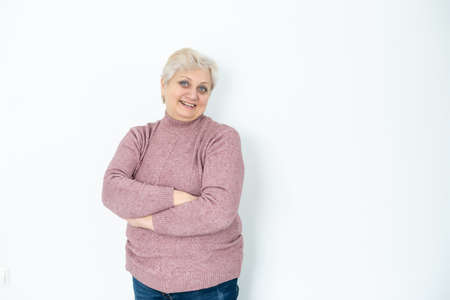 Smiling happy woman. Isolated over white backgroundの写真素材