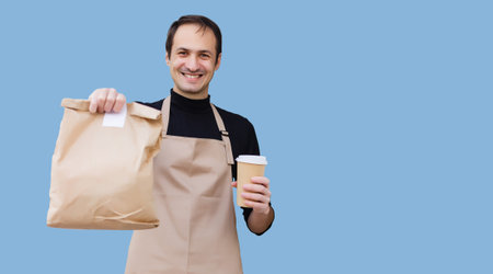 smart food delivery service man handing fresh food to recipient. courier at home, express delivery,...