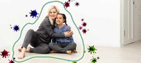 Family during virus and flu outbreak. Virus and illness protection, quarantine. People on white wall...