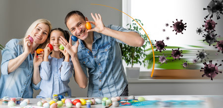 Strong immunity - healthy family. Happy parents with children protected from viruses and bacteria, illustrationの写真素材