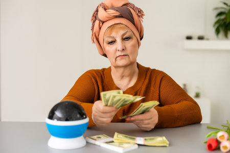 Female psychic or fortune teller gesturing with her hands indicating moneyの写真素材
