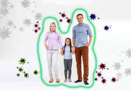 Family during coronavirus and flu outbreak. Virus and illness protection, quarantine. COVID-2019. People on white wall backgroundの写真素材