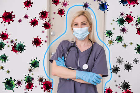 corona virus covid 19 protection concept, doctor hands protect symbol with covid icons in the blue background, copy space and web banner templateの写真素材