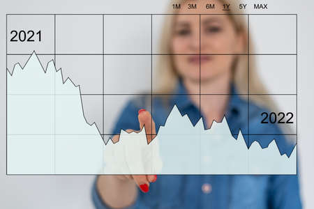 Concept of growth planning and business strategy. Woman holds and showing hologram graph and stock market statistics gain profits, good economy form digital screen, double exposure, collageの写真素材