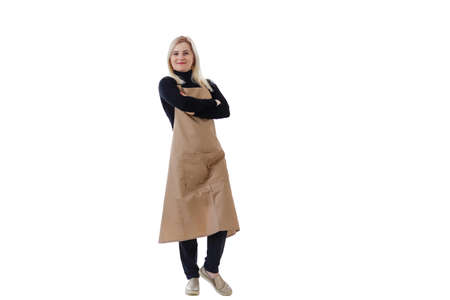 Isolated small business lady owner or barista with apron on white backgroundの写真素材