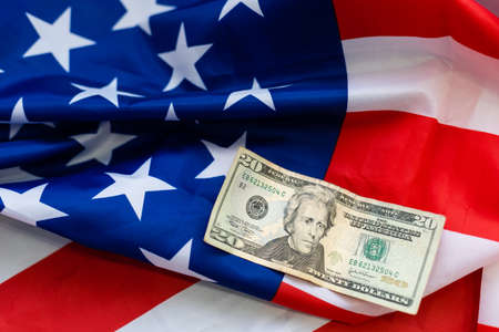 American flag on assorted banknotes, dollarsの写真素材
