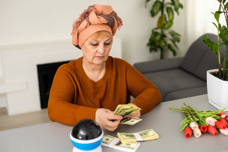 Female psychic or fortune teller gesturing with her hands indicating moneyの写真素材