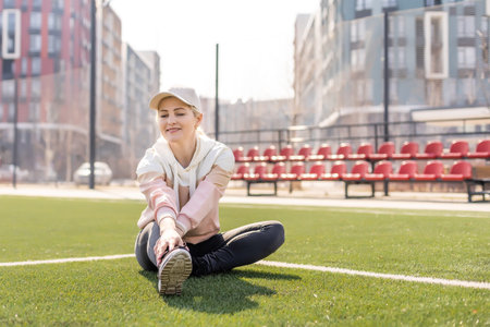 Young beautiful blonde hair fitness girl doing stretching on the stadium. sport activity. Green...
