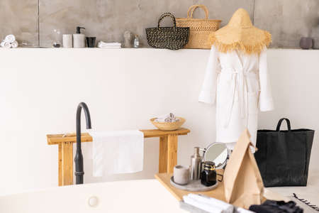 bathroom table, background of bathroom interiorの写真素材