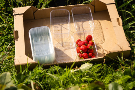 fresh strawberries in wooden boxes on fields background