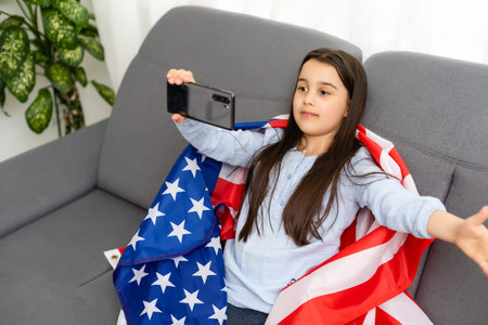 Learn English Language Online Education Concept, little girl and american flag