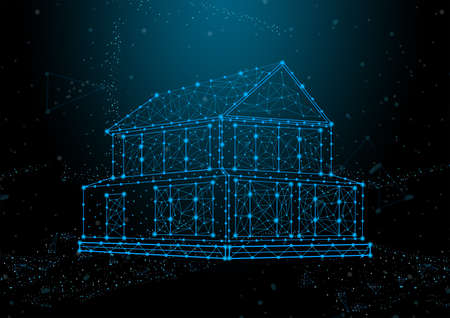 Abstract connected dots on bright blue background. Technology concept. houseの写真素材