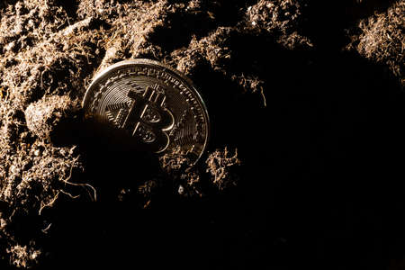 Bitcoin Cryptocurrency on a pile of soil, in the groundの写真素材