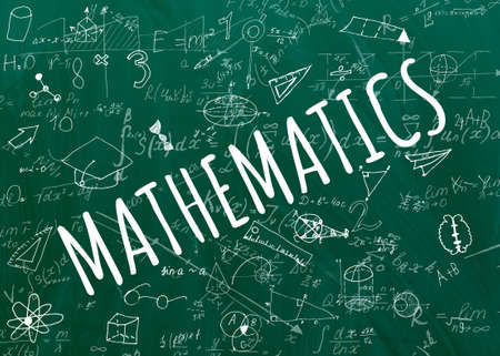 Handwritten equations on a green blackboardの写真素材