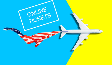 Flat lay design of travel concept with plane on blue background with copy space 3d rendering