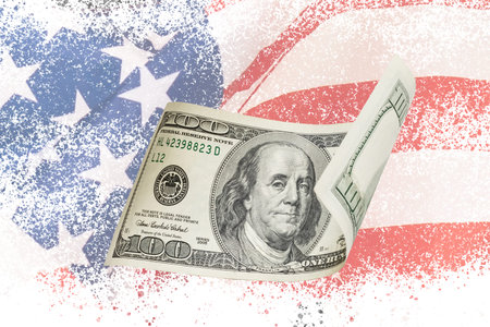 dollar against america flag background, economy, finance, USA, money.