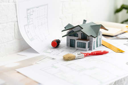 Construction blueprints with tools, top viewの写真素材