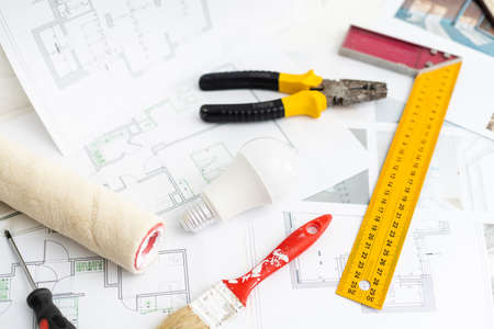 Architecture plan and rolls of blueprintsの写真素材